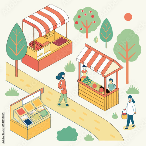 Isometric farmer's market illustration with vendors, buyers and product stands