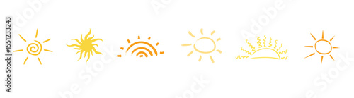 Sun simple icons collection. Sun vector illustration set in yellow color, shining sunshine and solar glow. 
