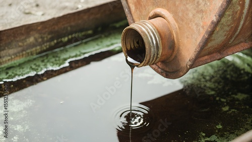Rusty oil can pouring oily substance into polluted water