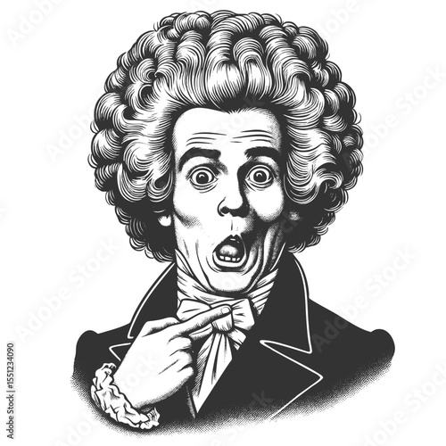 shocked man in elaborate curly wig and 18th-century attire, pointing at himself in disbelief sketch engraving generative ai fictional character vector illustration. Scratch board. Black and white.