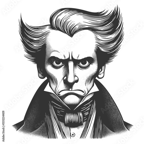 stern man with messy hair and a bow tie, expressing anger or disapproval in retro fashion sketch engraving generative ai fictional character vector illustration. Scratch board. Black and white image.