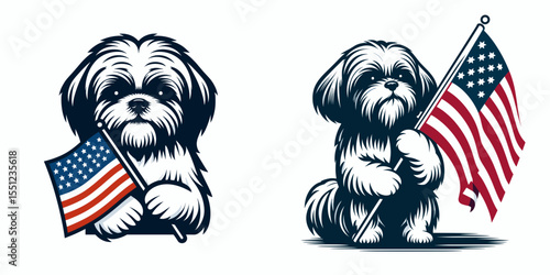 Shih Tzu Dog hold american flag. Independence Day 4th of July Flag Patriotism Usa America Clipart Line Art Vector Illustration. Little canine grips us banner patriotic pet displays national.