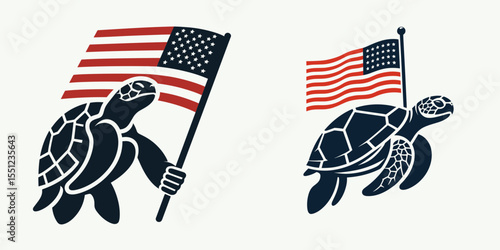 Sea Turtle hold american flag. Independence Day 4th of July Flag Patriotism Usa America Clipart Line Art Vector Illustration. Marine reptile grips united state banner patriotic wildlife.