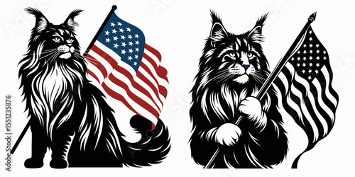 Maine Coon Cat hold american flag. Independence Day 4th of July Flag Patriotism Usa America Clipart Line Art Vector Illustration. Huge feline pet gripping star-spangled banner patriotic.