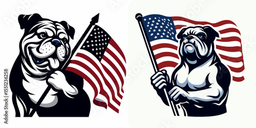 Bulldog Dog hold american flag. Independence Day 4th of July Flag Patriotism Usa America Clipart Line Art Vector Illustration. British canine clutching united state banner a patriotic.