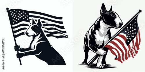 Bull Terrier Dog hold american flag. Independence Day 4th of July Flag Patriotism Usa America Clipart Line Art Vector Illustration. Canine pet grips banner patriotic theme breed holding star.