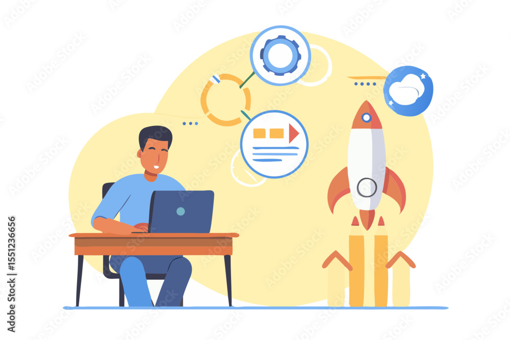 Young man working on laptop with startup rocket launch and business process diagrams around him illustration Young man working on laptop with startup rocket launch and business process diagrams around him illustration