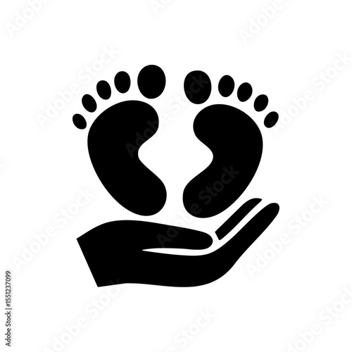 Minimalist black icon showing baby feet held by an elderly hand representing care and generational love.

