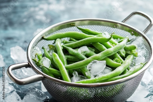 Fresh Green Beans Chilling in Ice Water: Boiled Vegetables Resting in a Colander