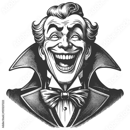 sharply dressed man with a wide sinister grin and exaggerated features in a gothic, vintage style sketch engraving generative ai fictional character vector illustration. Scratch board. Black and white