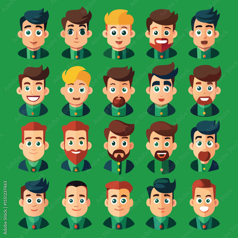 A diverse collection of cartoon male avatars featuring various hairstyles facial hair and expressive faces on a green background A diverse collection of cartoon male avatars featuring various hairstyles facial hair and expressive faces on a green background