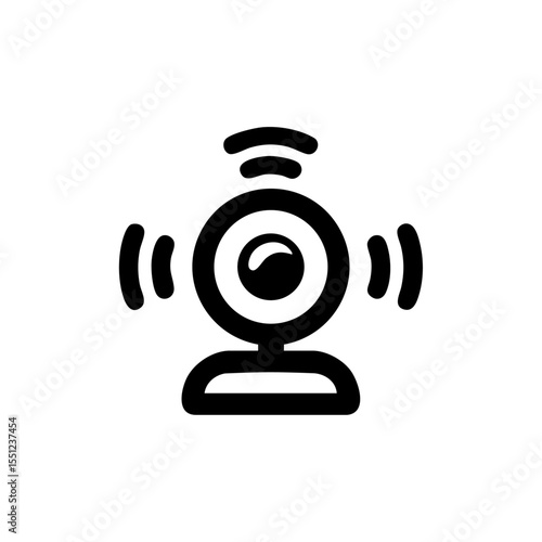 Sleek black icon of a webcam emitting wireless signals, symbolizing online streaming or video communication.

