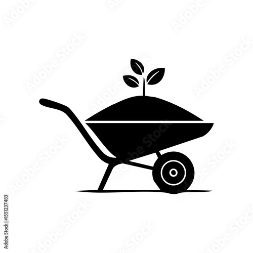 Black vector icon of gardening wheelbarrow carrying soil and a small plant

