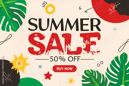 Tropical Summer Sale Banner with 50% Off Text, Colorful Leaves, Decorative Elements, and Bold Typography Design


