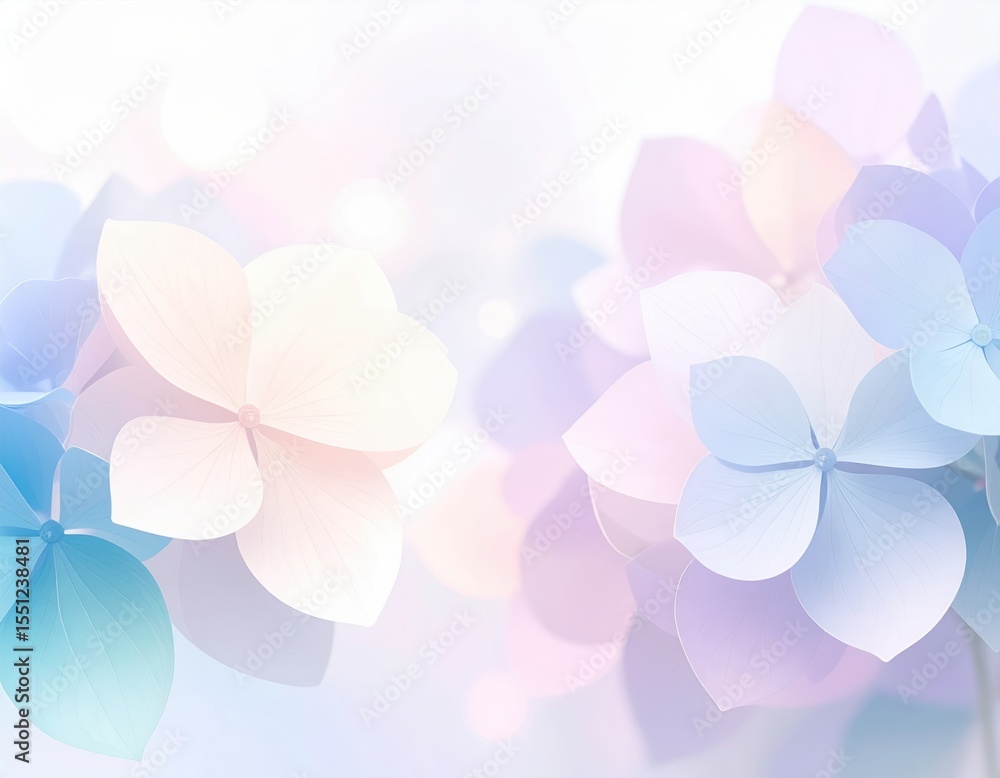 Obraz premium パステル調の紫陽花の背景、Warm Pastel Hydrangea Blossoms in Abstract Bokeh Background 