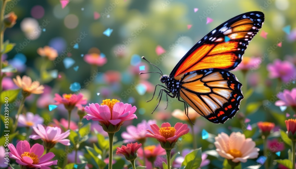 Fototapeta premium Butterfly hovering over colorful flowers in a vibrant garden setting.