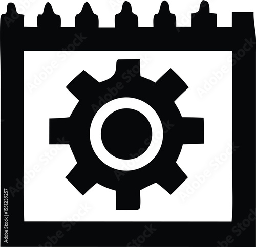 Black silhouette of a gear symbol within a calendar page icon representing scheduling and mechanical settings