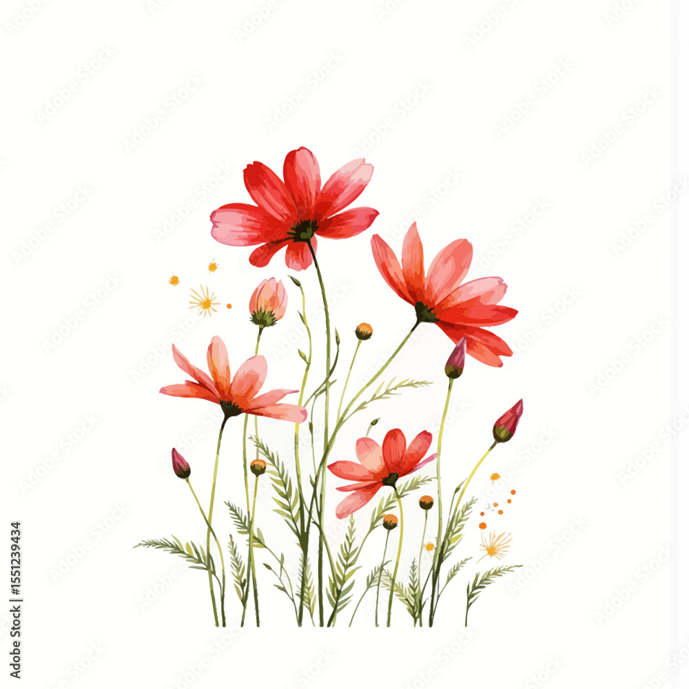 Red flowers with green stems and buds on white background Red flowers with green stems and buds on white background
