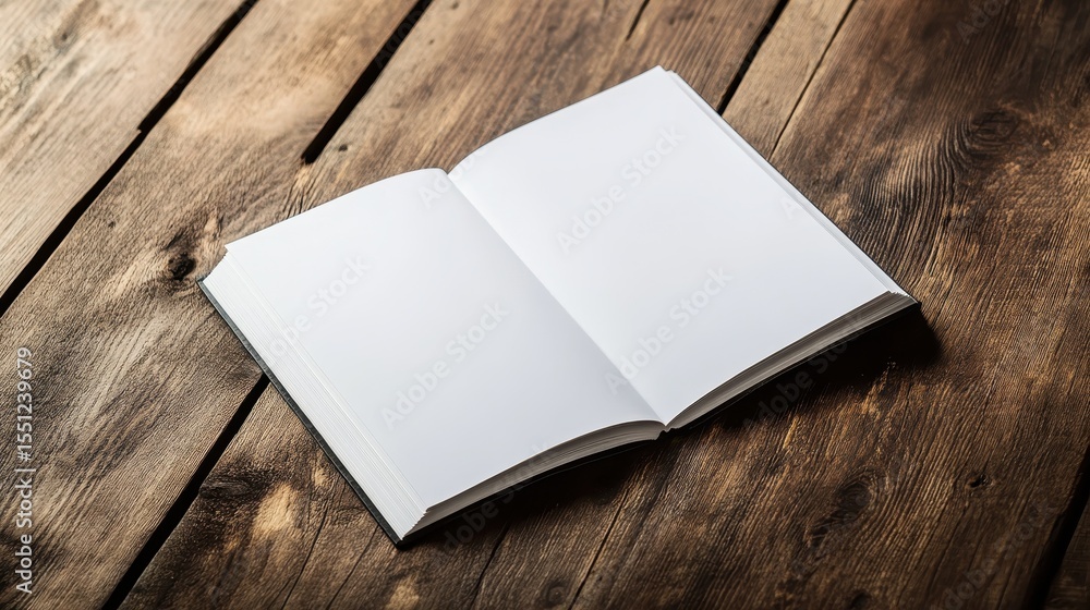 Fototapeta premium Empty Brochure Spread Open on Warm Wooden Table Surface