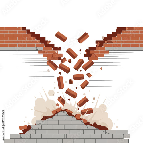 Crumbling Brick Wall Destruction, Demolition, Collapse, Breakdown, Ruin Illustration