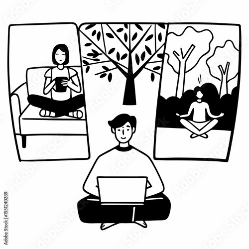 Burnout Prevention Vector Showing Work-Life Balance, Breaks, and Digital Detox Activities
