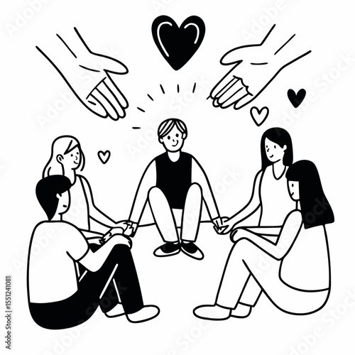 Mental Health Support Group Illustration with Peer Counseling and Empathy Symbols