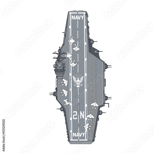 Top-Down View of a Navy Aircraft Carrier with Fighter Jets