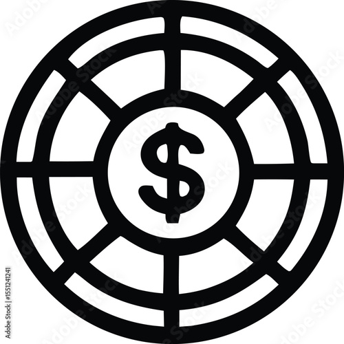Stylized black and white graphic of a dollar sign enclosed within a segmented circular design resembling a target or globe