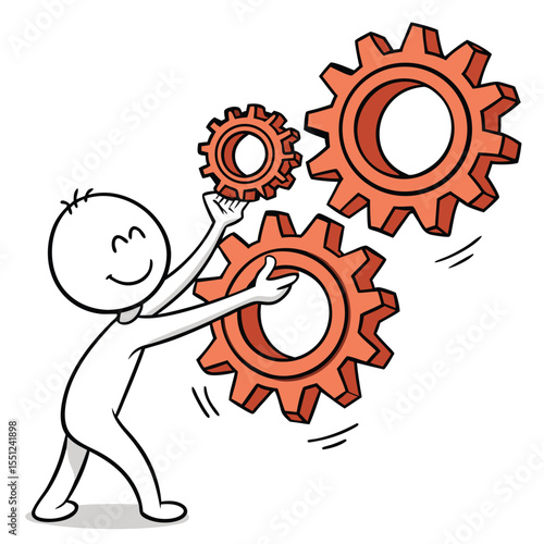 A happy stick figure manipulating interlocking gears