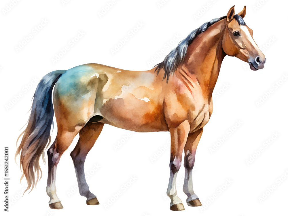 Fototapeta premium Watercolor Painting of a Chestnut Horse on Transparent Background, Watercolor Clipart Illustration With Isolated Background.