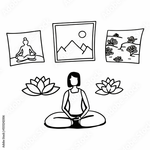Mindfulness and Meditation Scene with Guided Breathing, Yoga, and Mental Clarity Icons