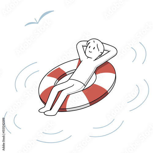 Relaxed figure floating on a life preserver in calm water