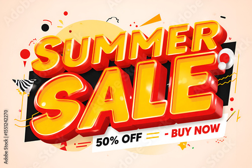  Bright Summer Sale Banner with 50% Discount Offer and Buy Now Call to Action in Bold 3D Text Design
