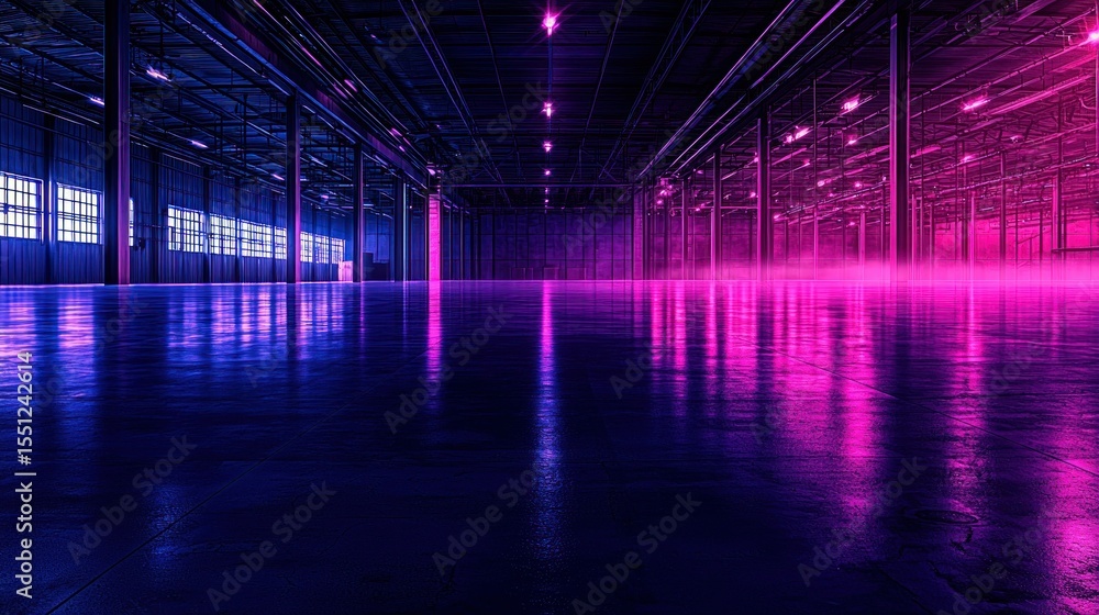 Fototapeta premium Empty warehouse illuminated with blue and pink light