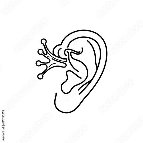 Black line icon of human inner ear with cochlea and semicircular canals
