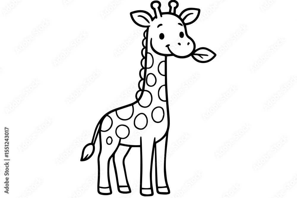Fototapeta premium Cute Kawaii Giraffe Chewing a Leaf Isolated Vector Coloring Page