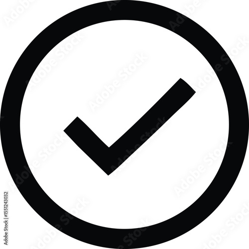 A simple bold black checkmark symbol enclosed within a thick black circular outline on a clean white background
