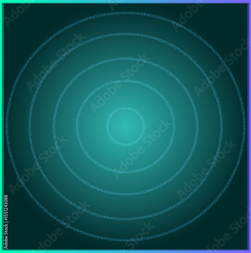 Abstract Teal Vortex with Ornamental Concentric Circles Radiating from the Center Point in a Gradient Background with Border