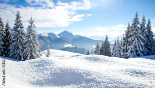 Wallpaper Mural Scenic winter landscape, snow covered hill with trees and majestic mountains in the background. Torontodigital.ca