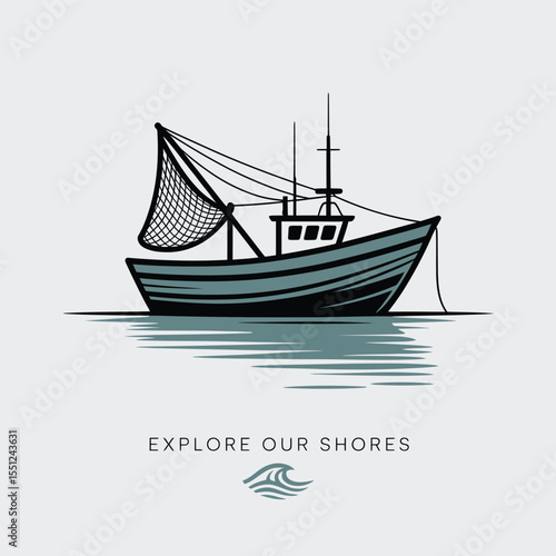 Teal and Black Fishing Boat Illustration Calm Water Net Drawn Up Minimalist Nautical Design Explore Our Shores Text