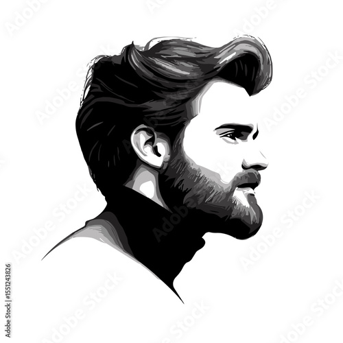 Stylish profile of a man with a beard and flowing hair on a white background in a detailed monochrome style copy space
