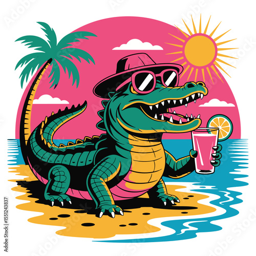Gator in sunglasses relaxing at the beach with a drink, perfect for sunny, tropical vacation themes vector illustration design
