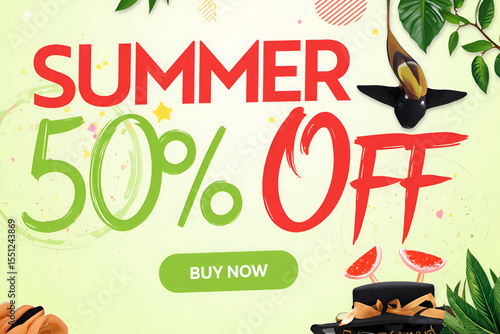  Summer Sale Promotional Banner with 50% Off Discount and Buy Now Button on Green Background with Leaves and Accessories
