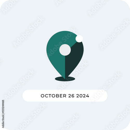 Teal and Dark Green Location Pin Icon with White Circles October 26 2024 Date Minimalist Design Simple Flat Style Graphic Element