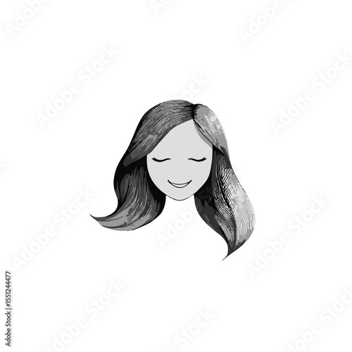 Stylish illustration of a smiling woman's face with flowing hair on a soft gray background in a minimalist design style copy space