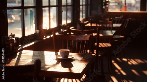 Warm sunlight streams into a cozy coffee shop, illuminating a wooden table and a cup of coffee, creating a serene atmosphere.