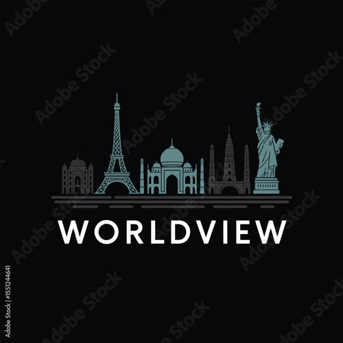 Teal and Gray Skyline Illustration Featuring Iconic Landmarks Eiffel Tower Taj Mahal Statue of Liberty World View Design