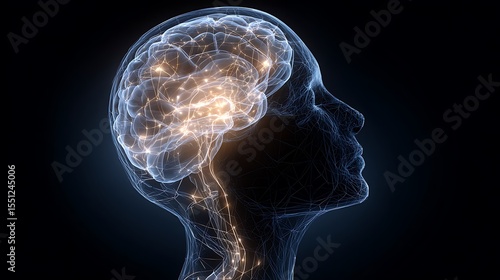 A glowing human head with brain pain highlighted in blue and yellow
