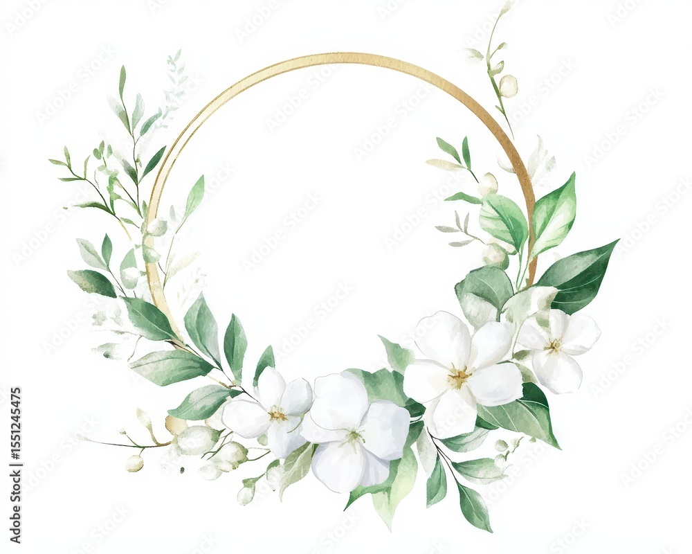 Fototapeta premium Delicate Watercolor Floral Invitation with White Blooms and Greenery Framed in Golden Circle on White Background