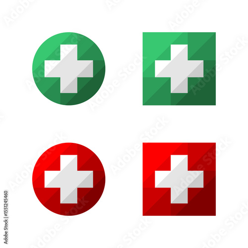 Set green and red cross medical icon flat vector design
